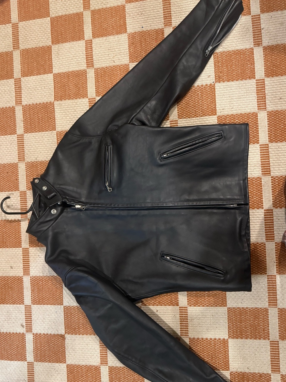 Men's Black Leather Bomber Jacket with Zip Pockets